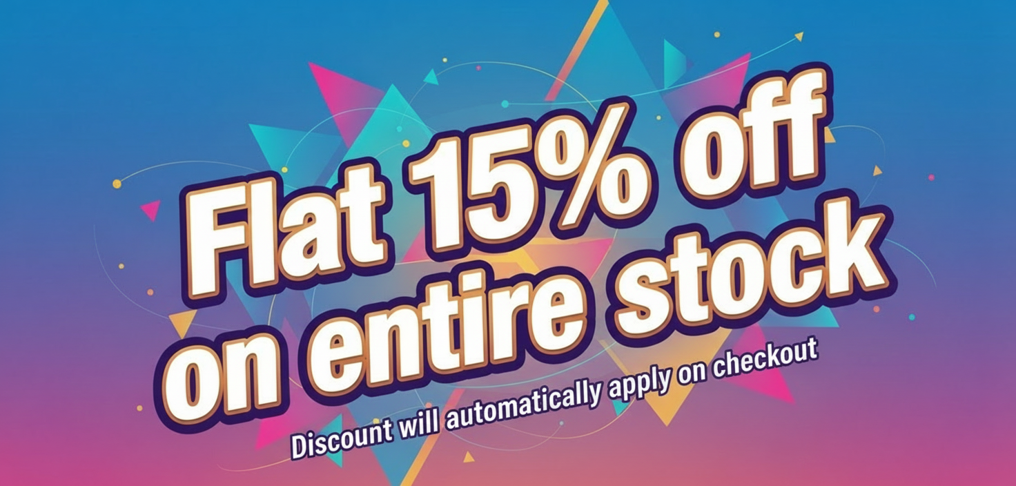 Create an Image with text " Flat 15% off on entire stock "